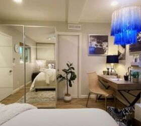 apartment makeover, Bedroom with a statement blue lamp
