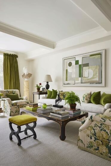 paint color selection, Green accents in a living room