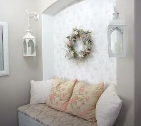french country spring decor, Bench with spring pillows and a wreath