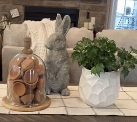 farmhouse spring decor, Rabbit and cloche with terra cotta planters