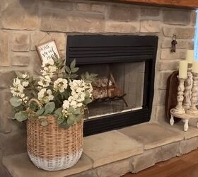 farmhouse spring decor, Fireplace with a wicker basket full of flowers