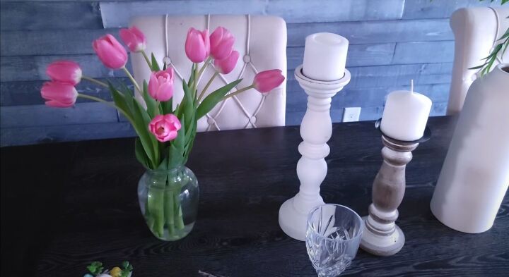 easter tablescape, Pink tulips in a vase
