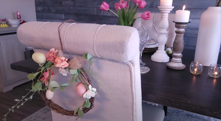 easter tablescape, Easter wreath on the back of the chairs