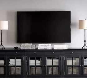 decorating around a tv, TV above a dark console
