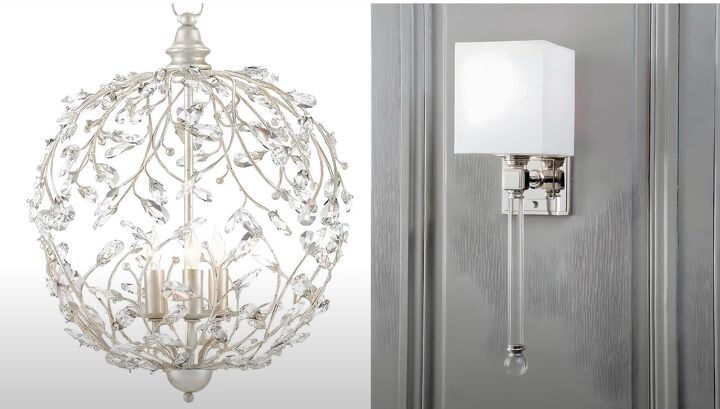 hamptons style bedroom, Crystal chandelier and bedside lamps