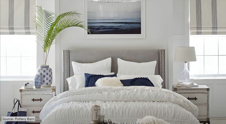 hamptons style bedroom, Roman shades in a Hamptons style bedroom