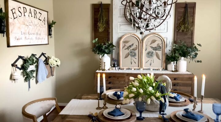 spring farmhouse, Dining room with a spring tablescape