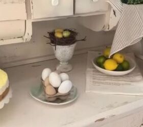 spring home tour, Hutch decorated with eggs and birds nests