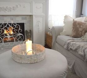 clean and decorate with me, Candles in a tray on an ottoman