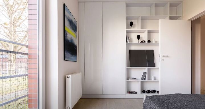 small bedroom design ideas, Floor to ceiling open shelving